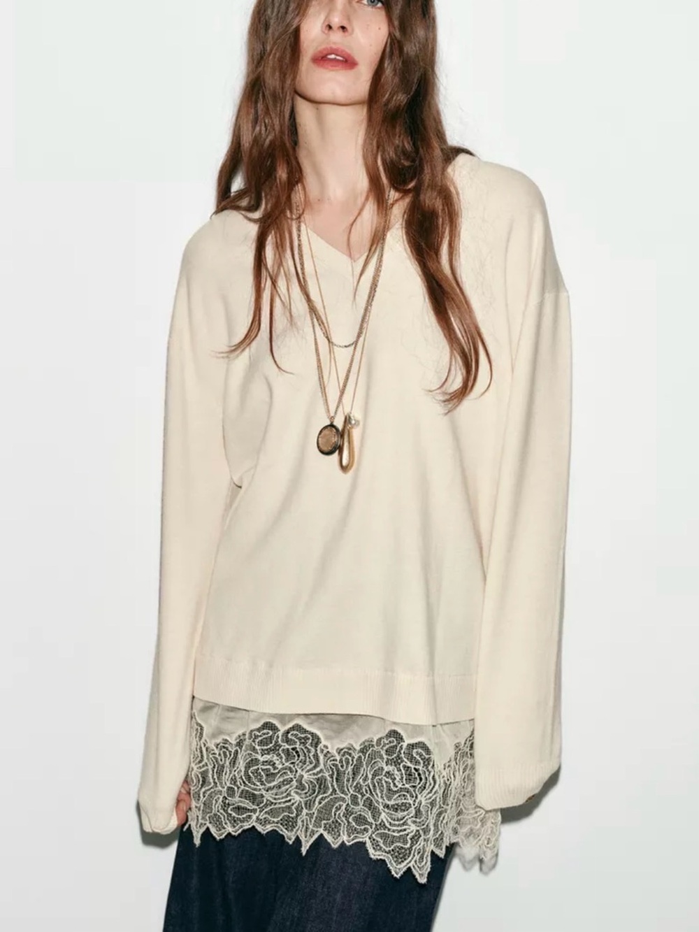 Zara Cream V-Neck Sweater with Lace Hem